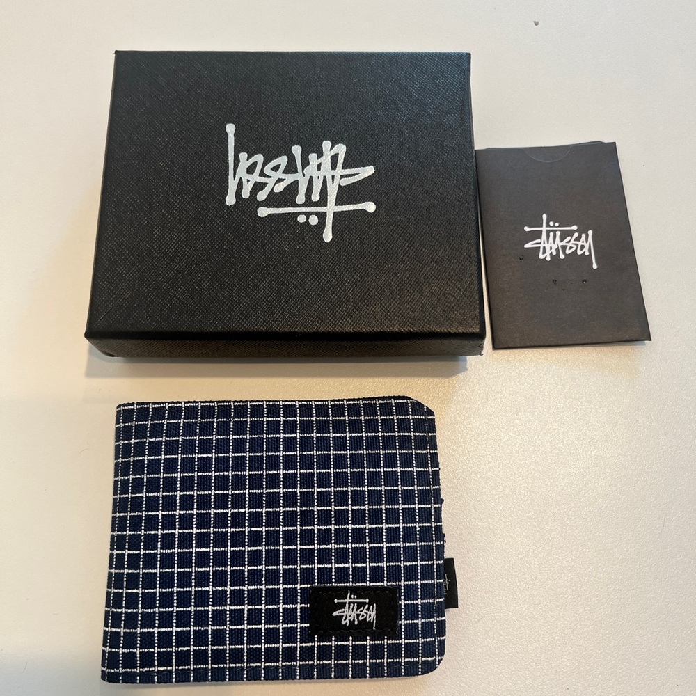 Stussy Canvas Wallet Navy Blue Grid